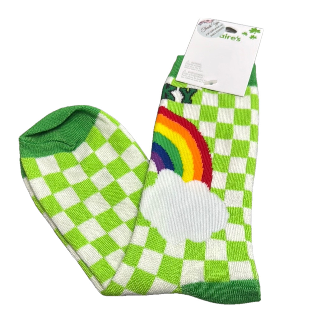 3/$18 Clair's St. Patick's Day Green Checkered Socks with Rainbow NWT